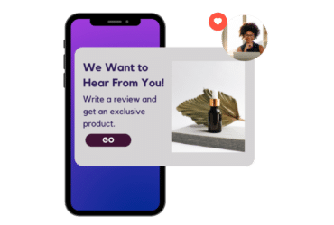 Image of mobile phone with a review request plus review icons