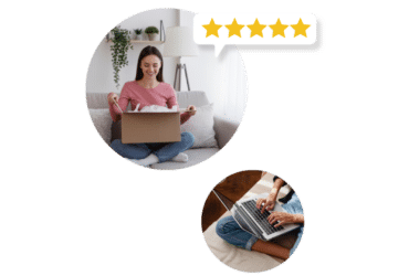 Image of woman opening sample and then typing on a laptop with review icons