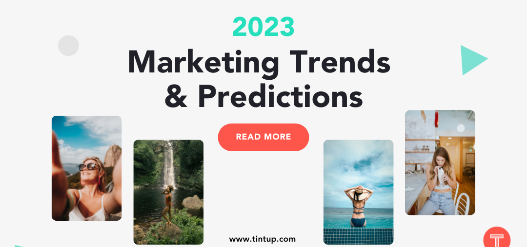 2023 Marketing Trends and Predictions - four lifestyle images. A woman taking a selfie, a woman standing by a waterfall, a woman facing the ocean, a woman eating dessert